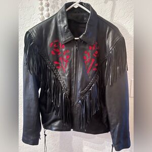 Biker Jacket-
Black Leather Fringe Jacket with Red Accents